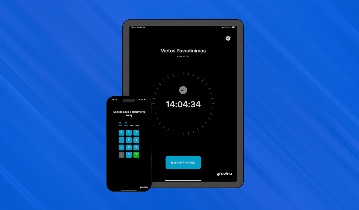 Mobilus darbo laiko registravimo terminalas telefone ar planšetėje