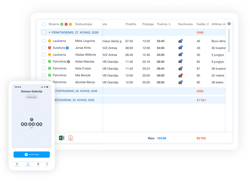 Darbo laiko apskaitos ir pamainų valdymo sistemos Grownu pavyzdys
