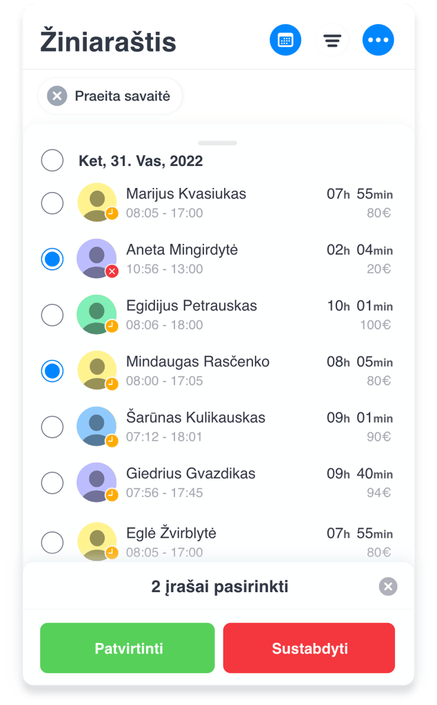 Registruoto darbo laiko patvirtinimo funkcionalumo pavyzdys Grownu mobilioje aplikacijoje