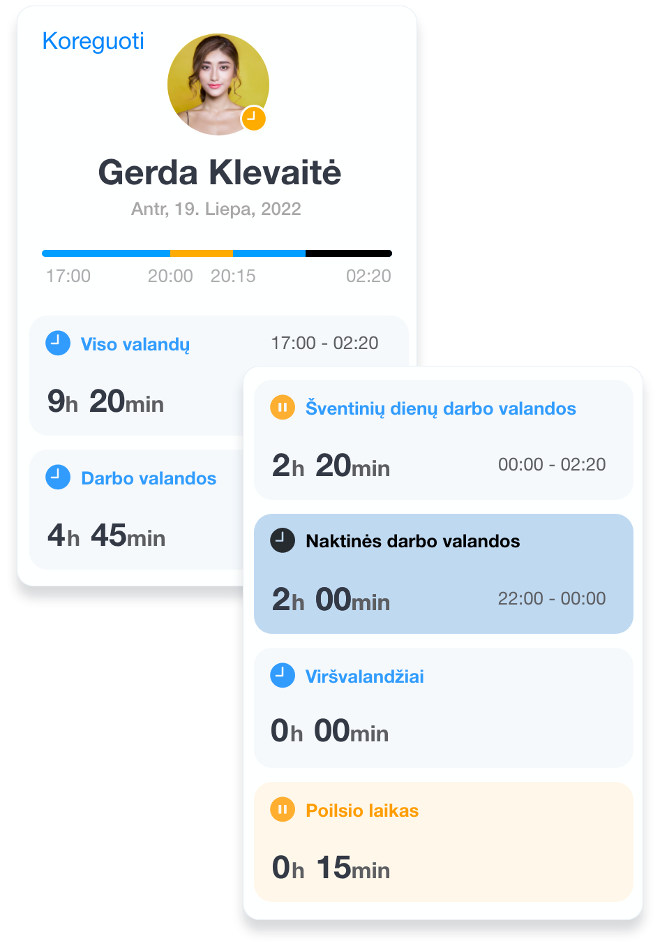 Grownu darbo laiko skaidymas pagal darbo laiko tipus, ekrano pavyzdys iš Grownu mobilios aplikacijos