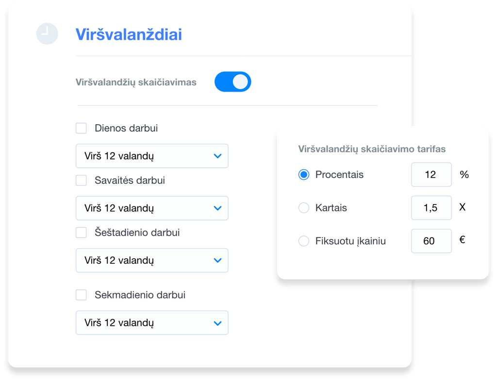 Viršvalandžių darbo laiko skaičiavimo nustatymai Grownu sistemoje