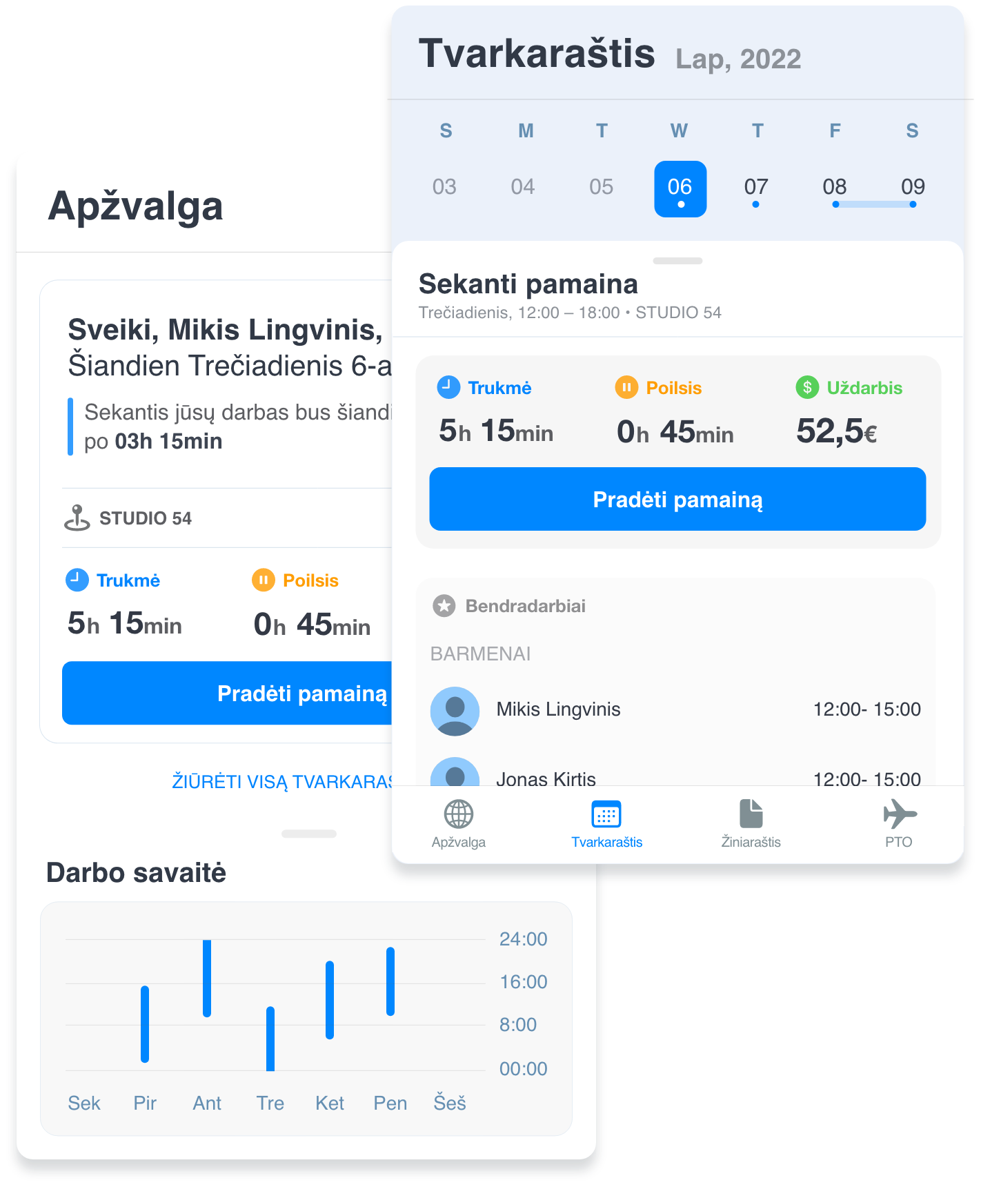 Darbo laiko ir pamainų planavimo Grownu sistemos pavyzdys mobilioje aplikacijoje ekrano kopija