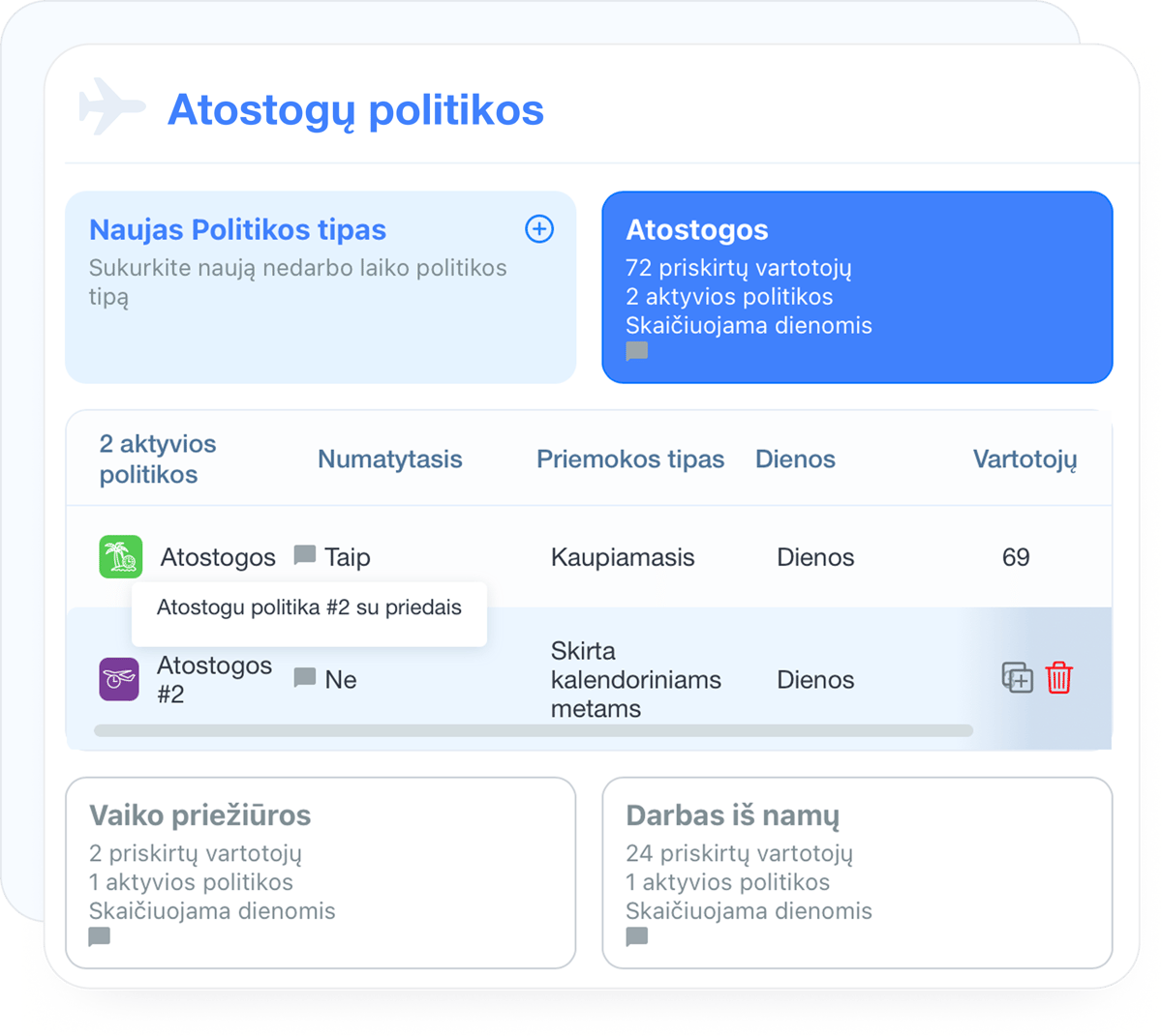 Atostogų politikų kūrimas ir priskyrimas darbuotojams