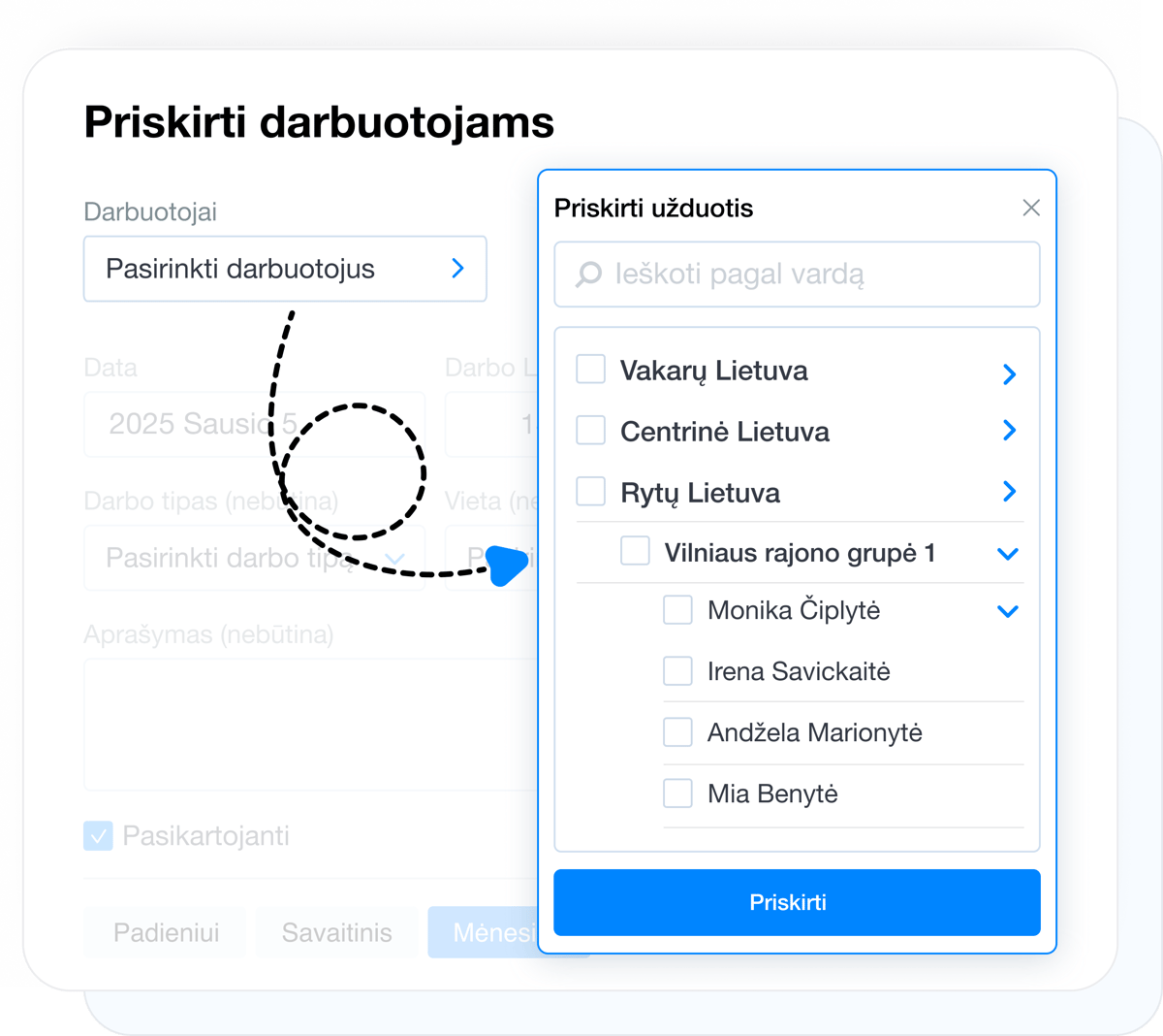 Užduočių priskyrimas darbuotojams, grupėms ir brigadoms Grownu sistemoje