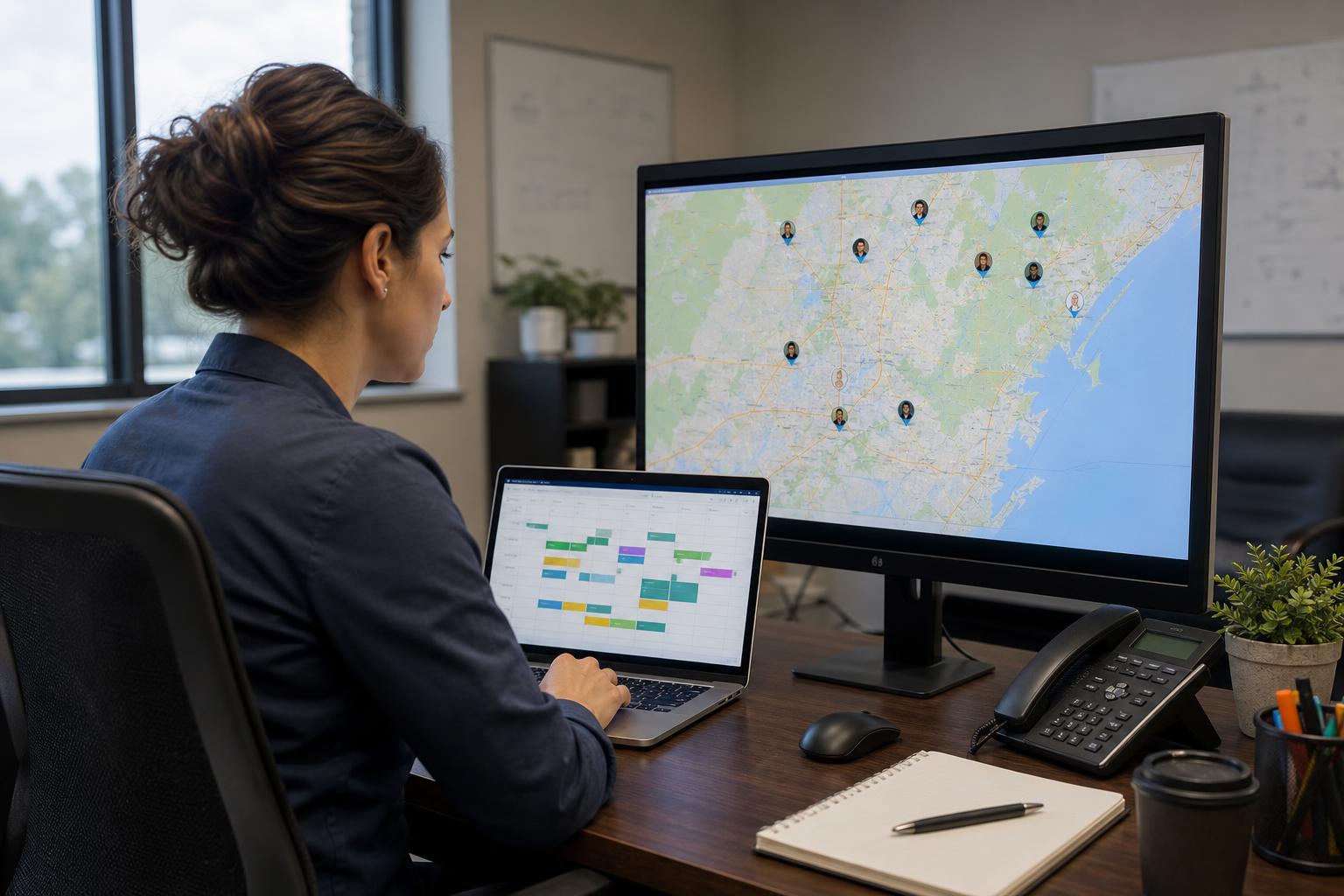 Paslaugų komandos vadovas planšetėje mato darbuotojų darbo laiką ir GPS registracijas
