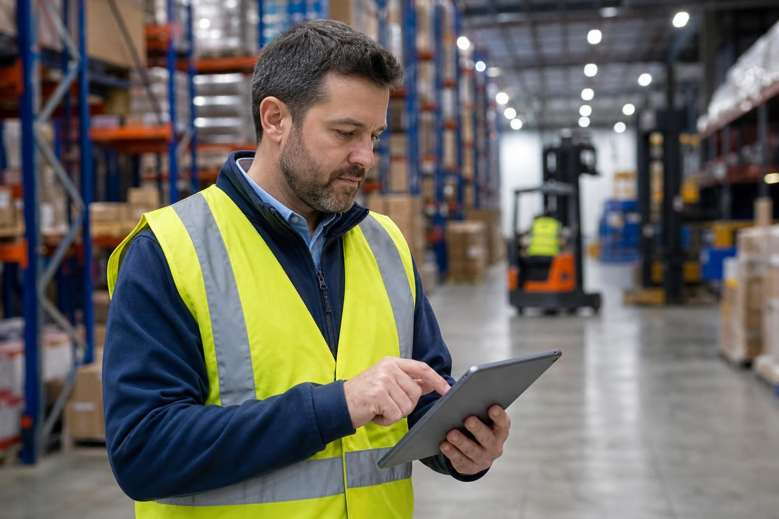 Logistikos operacijų vadovas planšetėje peržiūri kelių sandėlių darbuotojų duomenis