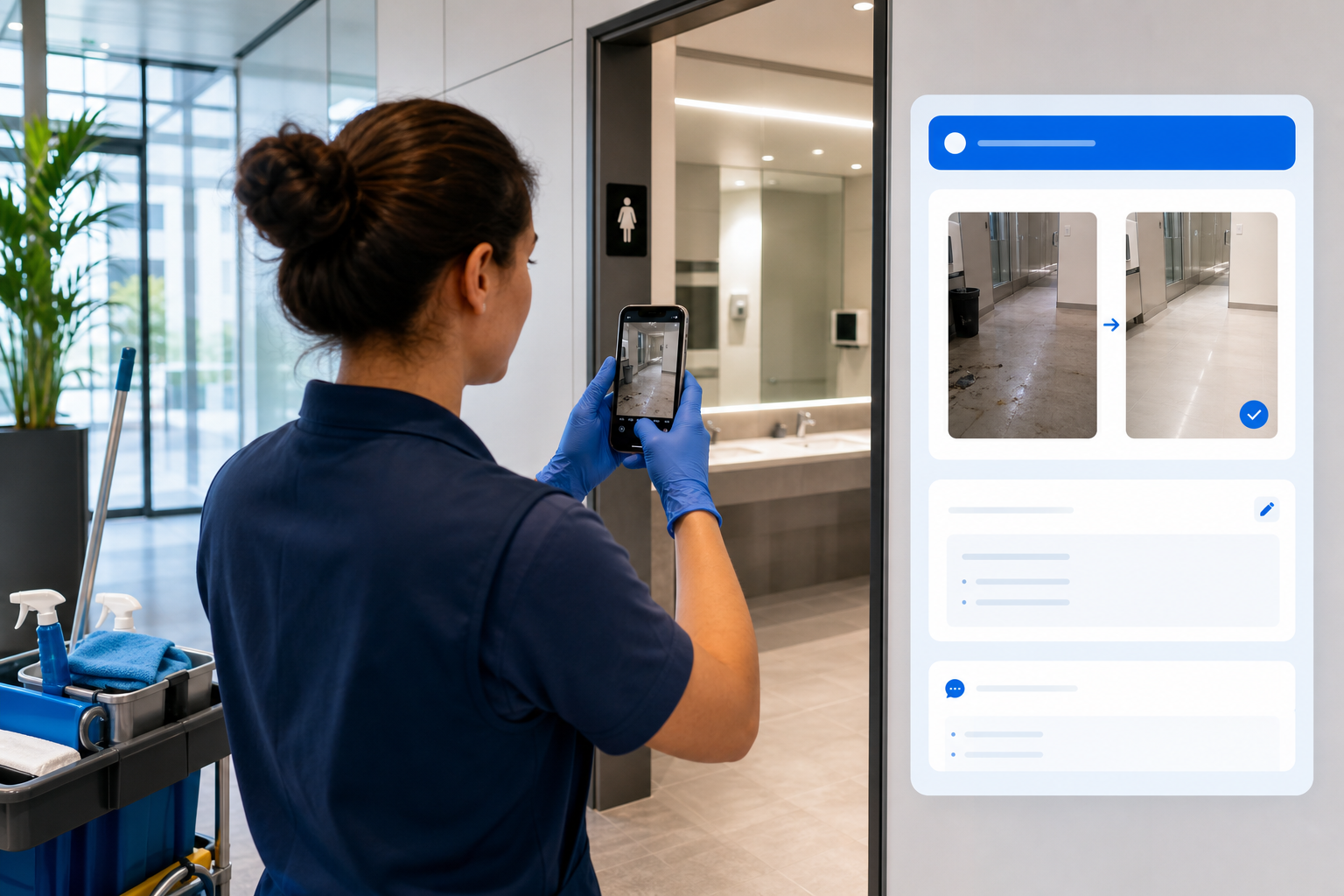 Valymo darbuotojas telefonu fotografuoja atliktą darbą objekte